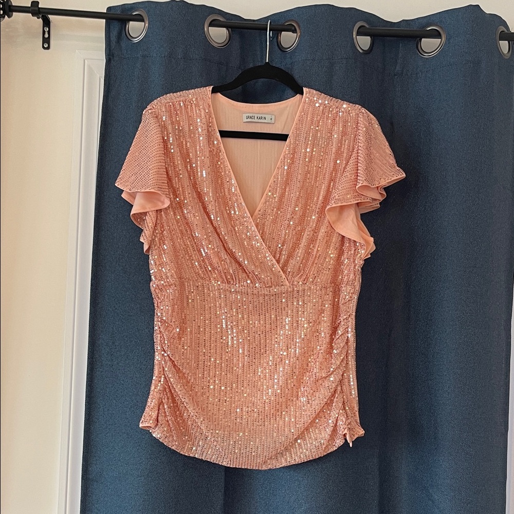 Grace Karin Peach Sequin Blouse